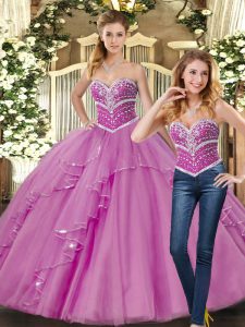 Floor Length Lace Up Quinceanera Dress Lilac for Sweet 16 and Quinceanera with Beading
