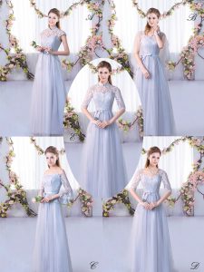 High-neck Cap Sleeves Quinceanera Dama Dress Floor Length Lace Grey Tulle