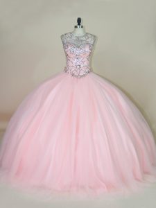 Sophisticated Baby Pink Ball Gowns Beading Sweet 16 Quinceanera Dress Lace Up Tulle Sleeveless