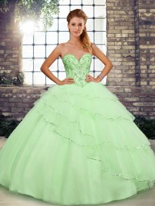 Tulle Sweetheart Sleeveless Brush Train Lace Up Beading and Ruffled Layers Vestidos de Quinceanera in Yellow Green