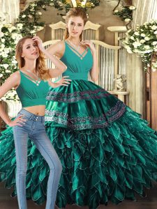 Floor Length Backless Sweet 16 Quinceanera Dress Turquoise for Sweet 16 and Quinceanera with Appliques and Ruffles