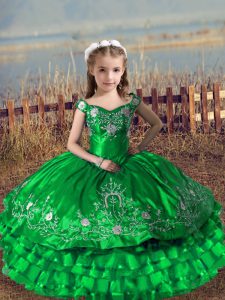 Nice Green Sleeveless Satin and Organza Lace Up Little Girls Pageant Gowns for Wedding Party