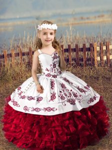 Wine Red Little Girls Pageant Dress Wedding Party with Embroidery and Ruffles Straps Sleeveless Lace Up