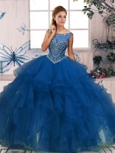 Floor Length Zipper Ball Gown Prom Dress Blue for Military Ball and Sweet 16 and Quinceanera with Beading and Ruffles