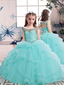 Amazing Aqua Blue Tulle Lace Up Pageant Gowns For Girls Sleeveless Floor Length Beading