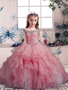 Amazing Ball Gowns Pageant Gowns For Girls Pink Off The Shoulder Organza Sleeveless Floor Length Lace Up