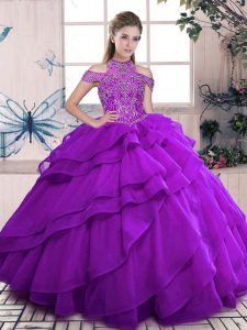 Hot Sale Purple Ball Gowns Beading and Ruffles 15th Birthday Dress Lace Up Organza Sleeveless Floor Length