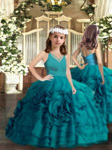 Amazing Sleeveless Organza Floor Length Zipper Little Girls Pageant Gowns in Teal with Ruffled Layers and Hand Made Flower