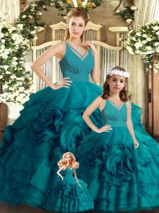 Brush Train Ball Gowns Quinceanera Dresses Teal V-neck Organza Sleeveless Backless