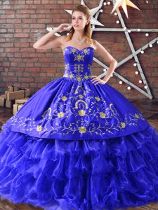 Royal Blue Organza Lace Up Vestidos de Quinceanera Sleeveless Floor Length Embroidery and Ruffled Layers