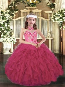 Hot Pink Organza Lace Up Little Girls Pageant Dress Sleeveless Floor Length Appliques and Ruffles
