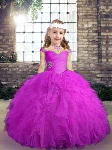 Fuchsia Straps Neckline Beading and Ruffles Little Girls Pageant Dress Sleeveless Lace Up