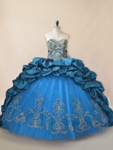 Blue Taffeta Lace Up Ball Gown Prom Dress Sleeveless Brush Train Beading and Pick Ups