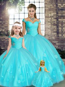 Aqua Blue Ball Gowns Tulle Off The Shoulder Sleeveless Beading and Appliques Floor Length Lace Up 15th Birthday Dress