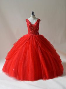 V-neck Sleeveless Ball Gown Prom Dress Floor Length Beading Red Tulle