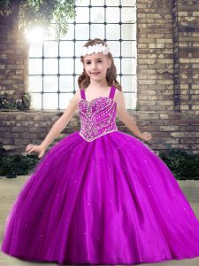 Amazing Tulle Straps Sleeveless Lace Up Beading Glitz Pageant Dress in Fuchsia