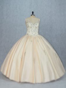 Fine Champagne Ball Gowns Tulle V-neck Sleeveless Beading Floor Length Lace Up Sweet 16 Quinceanera Dress
