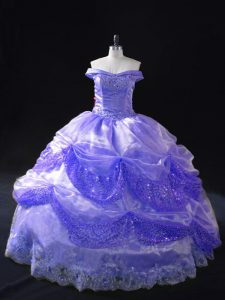 Low Price Lavender Organza Lace Up Quinceanera Gown Sleeveless Floor Length Beading and Pick Ups