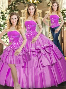 Flirting Sleeveless Taffeta Floor Length Lace Up Quinceanera Dress in Lilac with Beading and Ruffled Layers