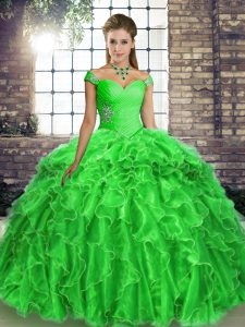Green Lace Up Ball Gown Prom Dress Beading and Ruffles Sleeveless Brush Train