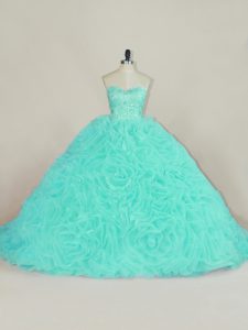 High Class Sweetheart Sleeveless Court Train Lace Up Sweet 16 Dresses Aqua Blue Fabric With Rolling Flowers