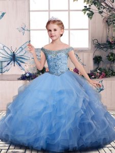 Floor Length Ball Gowns Sleeveless Blue Kids Pageant Dress Lace Up