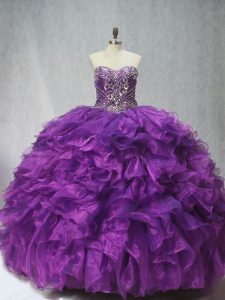 Fantastic Purple Ball Gowns Sweetheart Sleeveless Organza Brush Train Lace Up Beading and Ruffles Vestidos de Quinceanera