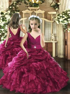 V-neck Sleeveless Organza Little Girls Pageant Dress Beading and Ruffles and Pick Ups Backless