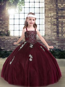 Sweet Burgundy Lace Up Kids Pageant Dress Beading and Appliques Sleeveless Floor Length