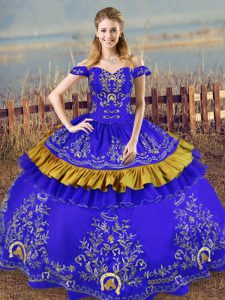 Sleeveless Satin Floor Length Lace Up Quinceanera Dresses in Blue with Embroidery