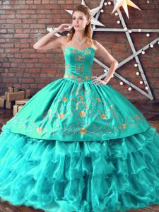Romantic Embroidery and Ruffled Layers Vestidos de Quinceanera Aqua Blue Lace Up Sleeveless