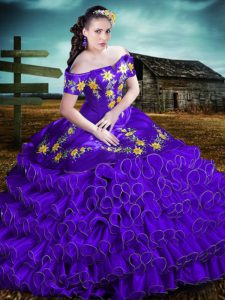 Off The Shoulder Sleeveless Vestidos de Quinceanera Floor Length Embroidery and Ruffles Purple Organza