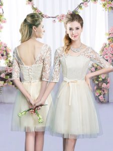 Exceptional Champagne V-neck Lace Up Lace and Bowknot Quinceanera Court of Honor Dress Half Sleeves