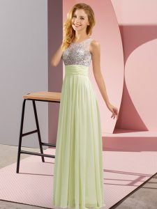 Free and Easy Empire Dama Dress for Quinceanera Light Yellow Scoop Chiffon Sleeveless Floor Length Side Zipper