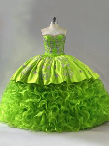 Fantastic Lace Up Sweetheart Embroidery 15th Birthday Dress Fabric With Rolling Flowers Sleeveless Court Train