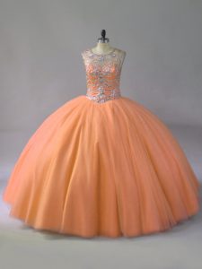 Beautiful Orange Sleeveless Floor Length Beading Lace Up 15th Birthday Dress