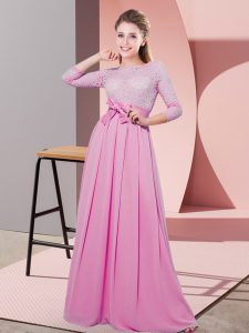 Latest Rose Pink Vestidos de Damas Wedding Party with Lace and Belt Scoop 3 4 Length Sleeve Side Zipper
