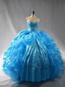 Sumptuous Baby Blue Ball Gowns Embroidery and Ruffles Sweet 16 Dresses Lace Up Organza Sleeveless Floor Length