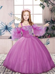 Lilac Tulle Lace Up Custom Made Pageant Dress Sleeveless Floor Length Beading