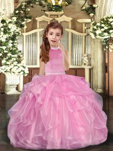 Cheap Ball Gowns Little Girls Pageant Dress Baby Pink Halter Top Organza Sleeveless Floor Length Lace Up