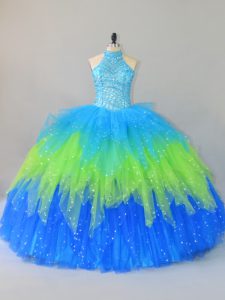Multi-color Lace Up Halter Top Beading and Ruffles Quinceanera Dresses Tulle Sleeveless