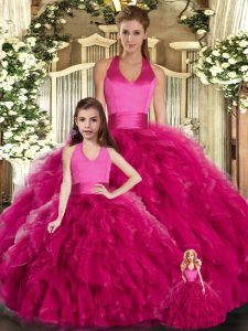 Fuchsia Ball Gowns Halter Top Sleeveless Tulle Floor Length Lace Up Ruffles 15th Birthday Dress