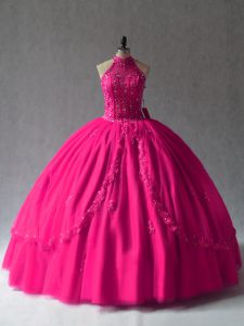 Fuchsia Sweet 16 Dress Sweet 16 and Quinceanera with Appliques Halter Top Sleeveless Lace Up