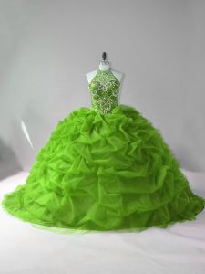 Colorful Green Sleeveless Beading and Pick Ups Lace Up Quince Ball Gowns