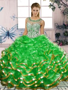 Modest Floor Length Green Quince Ball Gowns Organza Sleeveless Beading and Ruffles