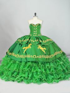 Vintage Sleeveless Satin and Organza Brush Train Lace Up Sweet 16 Dress in Green with Embroidery and Ruffled Layers