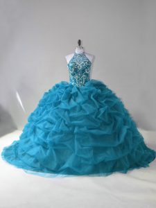 Halter Top Sleeveless Quinceanera Gown Beading and Pick Ups Teal Organza