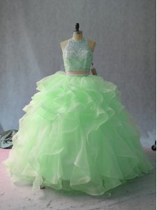 Charming Apple Green Backless Halter Top Beading and Ruffles Sweet 16 Dress Sleeveless