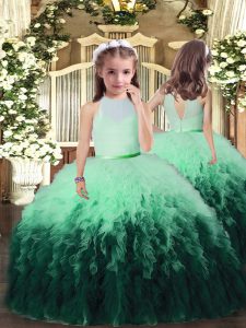 Multi-color Ball Gowns Tulle High-neck Sleeveless Ruffles Floor Length Backless Pageant Dresses