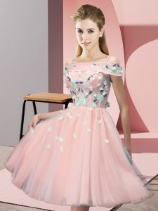 Great Pink Empire Off The Shoulder Short Sleeves Tulle Knee Length Lace Up Appliques Quinceanera Dama Dress